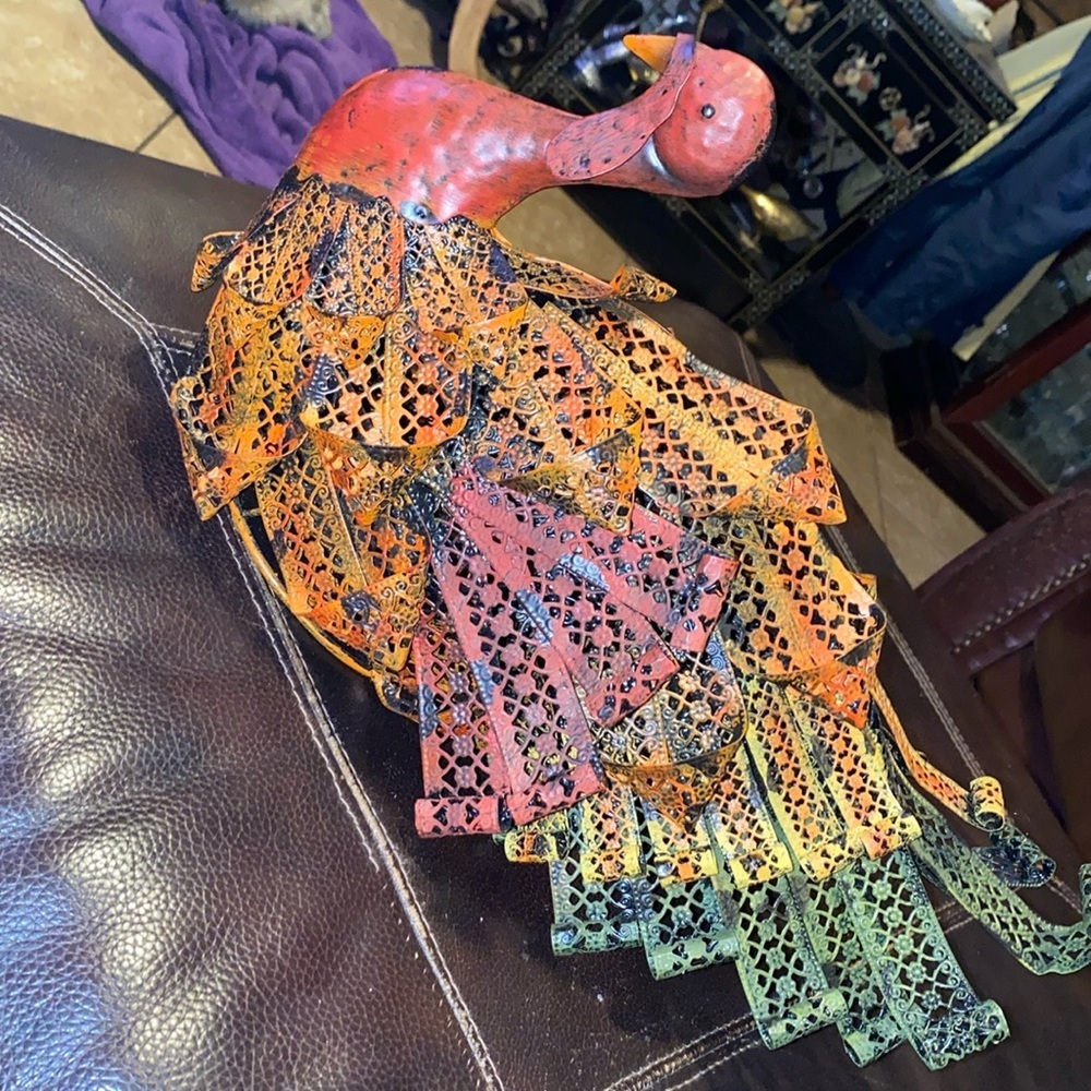 Vintage Metal Turkey Lacy Multi-Colored Sculpture Distressed Display Tableware